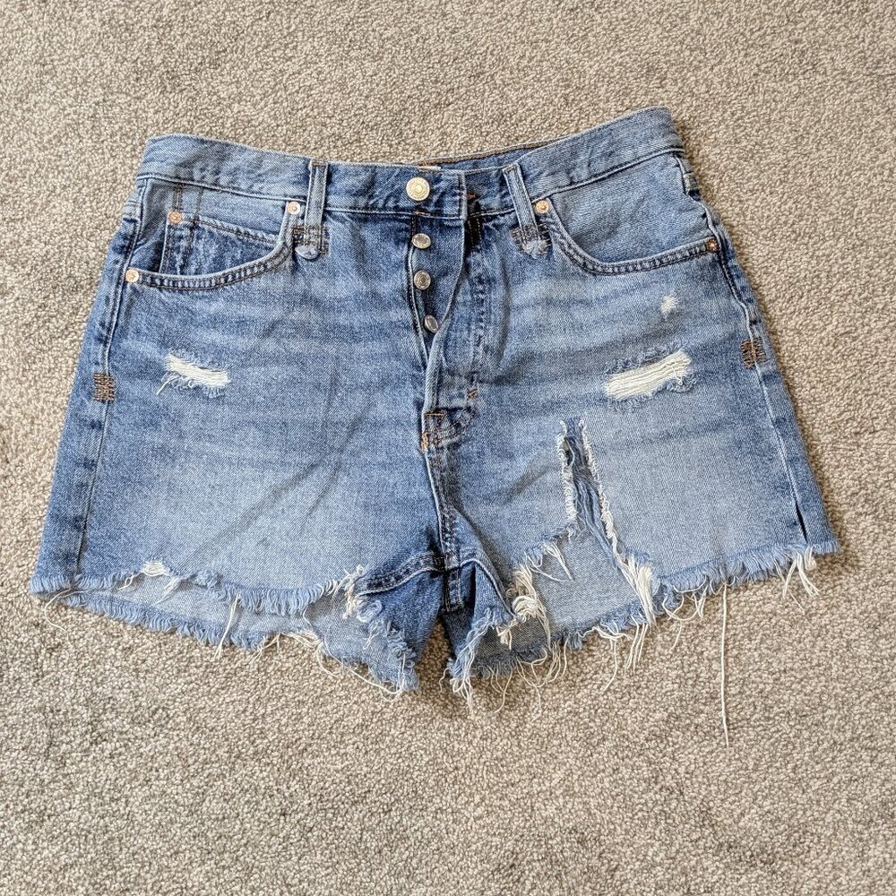 WE THE PEOPLE Blue Denim High Rise Distressed Button-Fly Jean Shorts; Size 30